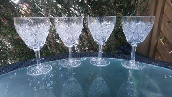 Vintage Lead Crystal Wine Glasses, Set of Four, Cut and Pressed