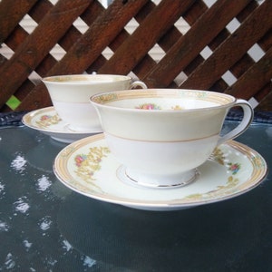 Noritake Morimura Madelon Pattern 3846 Japan U.S. Design Pat. Applied For, Two Cups And Saucers, Blue And Pink Flowers, Tan Trim And Edge