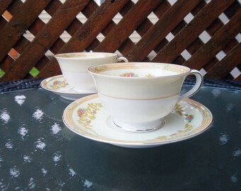 Noritake Morimura Madelon Pattern 3846 Japan U.S. Design Pat. Applied For, Two Cups And Saucers, Blue And Pink Flowers, Tan Trim And Edge