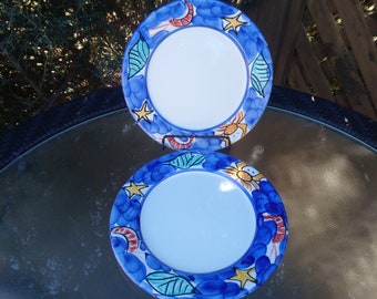 Pier 1, Italy, Set Of Two 8" Side Plates, Handpainted Exclusively For Pier One, Seafood Decor One Blue Rim, White Center