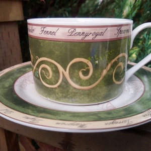 American Atelier Bouquet Garni Discontinued 1996-2004 Green Rim Tan Border Herbs Stoneware Cup And Saucer Made In Indonesia Tan Vine On Cup