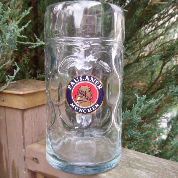 Paulaner Munchen Vintage 1L German Glass Beer Stein, Large Collectible Beer Glass, European Barware Glass ,Pint Glass, Glass Beer Mug, Pils