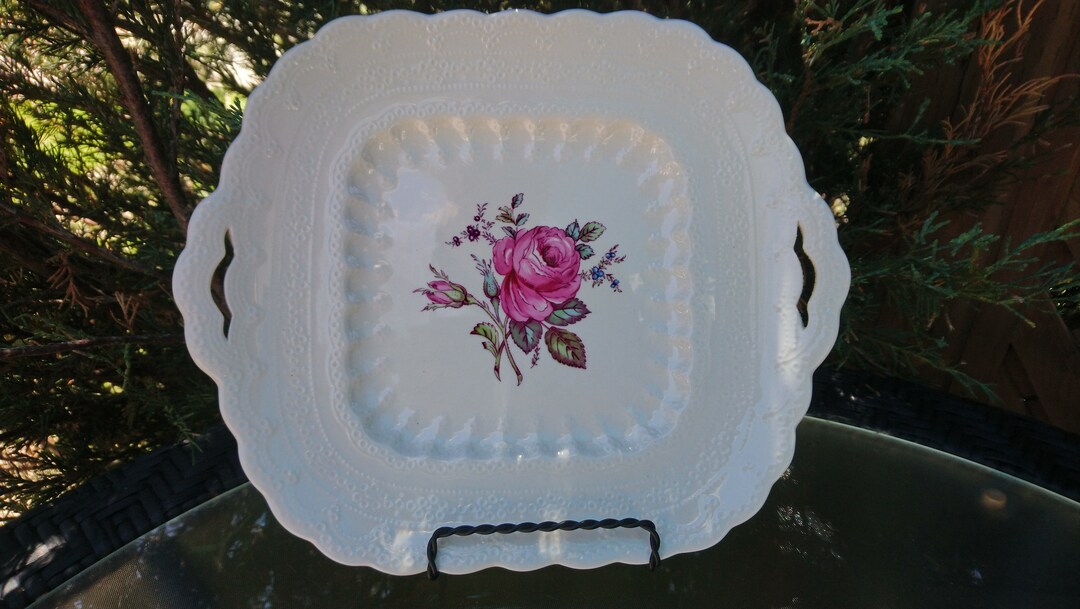 美品♡英国製Spode Billingsley Rose ケーキ皿 20cm Spode Billingsley Rose Pattern, Two Handled Square Cake Plate