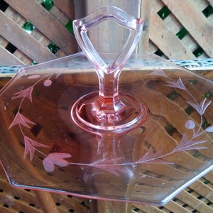 Vintage Pink Glass Center Handled Serving Dish, Sandwhich Tray, Cookie Or Muffin Dish, Desserts, Frosted Floral Ring, Thick Glass Handle