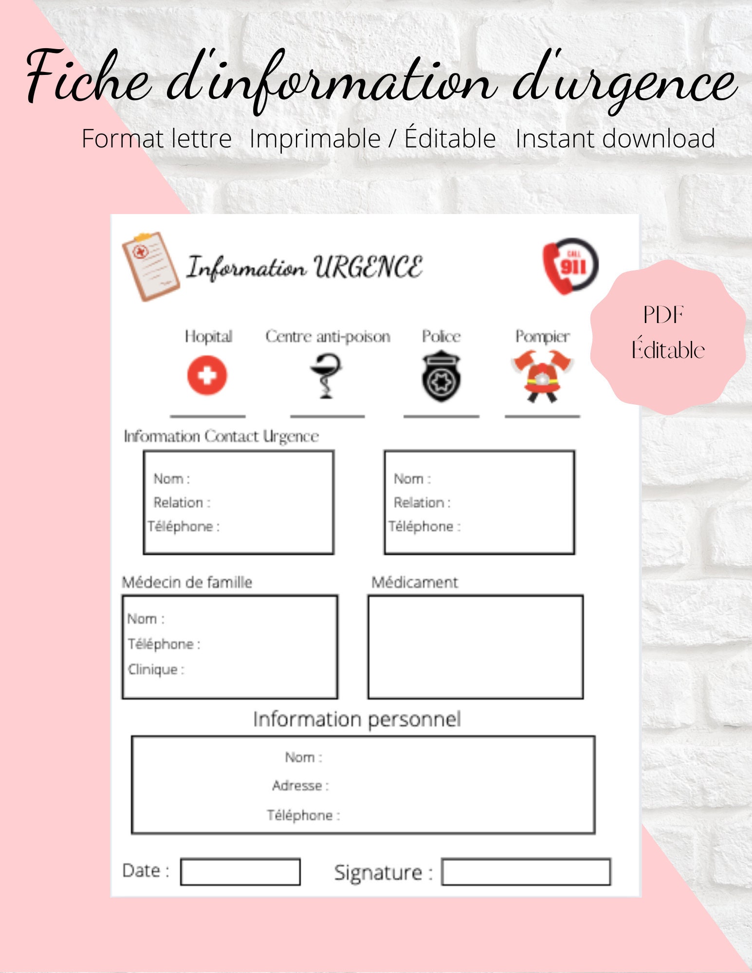 Fiche Information Durgence Fiche De Contact En Cas Etsy