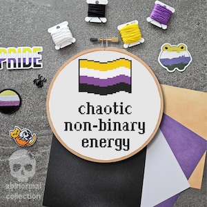 May include: A cross-stitch embroidery hoop featuring the non-binary pride flag and the text "chaotic non-binary energy." The image also shows spools of thread, stickers, and craft supplies, arranged on a grey surface.