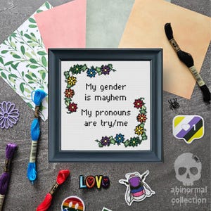 May include: A framed cross-stitch with a floral border. The text reads "My gender is mayhem. My pronouns are try/me."