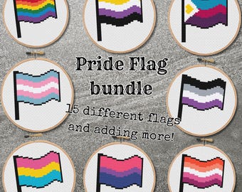 Paquete de banderas del orgullo: patrón de punto de cruz tamaño insignia, diseño de bordado de bandera trans, bordado de bandera gay, bandera de Enby, NB (descarga en PDF)