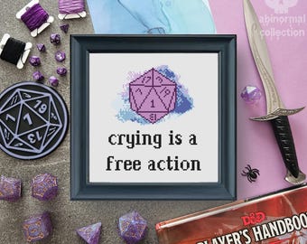 Crying is a free action Cross Stitch Pattern | D&D Embroidery Design | Dice Needlework (PDF Download)