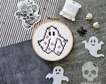 Mini Ghost with Purple Flowers Cross Stitch Pattern | Spooky Embroidery Design | Cute Halloween Needlework (PDF Download)