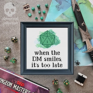 When the DM smiles, it&#39;s too late Cross Stitch Pattern | D&D Cross Stitch Pattern | Dice D20 Cross Stitch Pattern Instant PDF Download