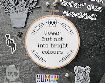 Patrón de punto de cruz para personas queer pero no les gustan los colores brillantes / Diseño de bordado LGBTQ+ del orgullo / Costura gótica (Descarga en PDF)
