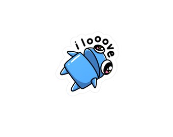 May include: A blue sticker featuring a cartoon creature with large eyes and the words "i love" in black. The creature has a geometric design and small pointed appendages.