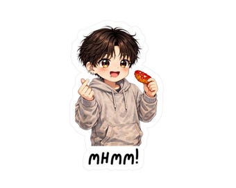 May include: A sticker featuring an anime-style character in a gray hoodie holding a donut. The character is making a heart gesture with their fingers. The text "MHMM!" is below the character.