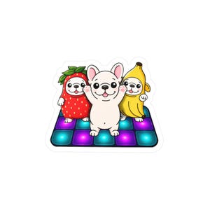 May include: A sticker showing three cartoon dogs on a dance floor. One dog is in a strawberry costume, another in a banana costume, and the third is a white dog with its arms raised. The dance floor is a grid of blue and purple squares.