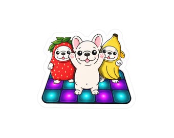 May include: A sticker featuring three cartoon dogs on a dance floor. One dog is in a strawberry costume, another in a banana costume, and the third is a white dog with its arms raised. The dance floor is a grid of blue and purple squares.