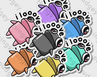 May include: A collection of colorful stickers featuring cartoon bugs with large eyes and the text "i love". The stickers are in various colors, including pink, purple, blue, green, yellow, orange, and gray. Each bug has a unique design.