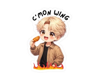 May include: A sticker featuring an anime-style character with blonde hair, wearing a brown jacket and black shirt, holding a fried chicken wing. The text "C'mon Wing" is above the character. Flames are at the bottom.