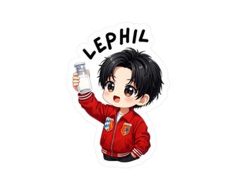 May include: A sticker featuring a cartoon character with black hair, wearing a red jacket, holding a glass bottle of milk. The word "LEPHIL" is above the character's head. The character has large eyes and a cheerful expression.
