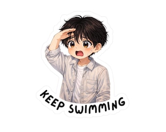 May include: A sticker featuring an anime-style illustration of a young person with dark hair, wearing a white shirt and a light button-down shirt. The person has a surprised expression, with the text "KEEP SWIMMING" below.