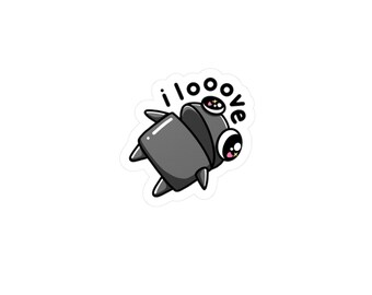 May include: A sticker featuring a cartoonish, gray beetle with large, expressive eyes and small antennae. The sticker has the words "i love" in a playful font, adding a touch of whimsy. The beetle's design is simple yet charming.