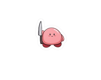 May include: A sticker featuring a pink, cartoon-style character with a smiling face, holding a silver knife with a brown handle. The character has red feet and a round body. The background is white.
