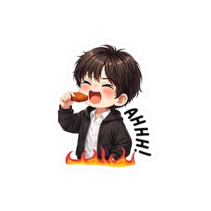 May include: A sticker depicting an anime-style character enjoying fried food. The character is wearing a black jacket over a white shirt, with flames at the bottom. Text on the sticker says "AHHH!"