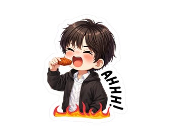 May include: A sticker featuring an anime-style character eating fried food. The character is wearing a black jacket over a white shirt and is surrounded by flames. Text on the sticker reads "AHHH!"