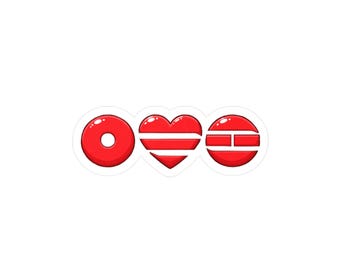 May include: Three red stickers with white accents. The first is a donut shape, the second is a heart, and the third is a circle with a horizontal and vertical line. The stickers are on a white background.