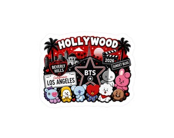 May include: A die-cut sticker featuring a red and black Los Angeles themed graphic with the text HOLLYWOOD, BEVERLY HILLS, LOS ANGELES, and SUNSET BLVD. The design includes a star with BTS, palm trees, and eight colorful cartoon characters.