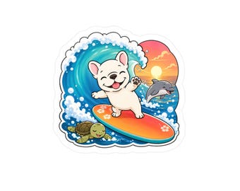 May include: A sticker featuring a cartoon illustration of a white dog surfing on a wave. A dolphin and a turtle are also in the image. The background shows a sunset with orange and yellow hues. The dog is smiling and waving.