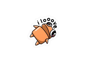 May include: A sticker featuring a cartoon creature in shades of orange with large, expressive eyes and small legs. The text "i love" is above the creature in a playful font. The sticker is on a white background.