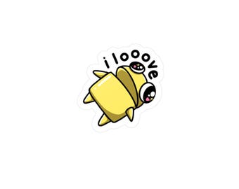 May include: A yellow sticker featuring a cartoonish creature with large eyes and small antennae. The sticker has the words "i love" in a playful font.