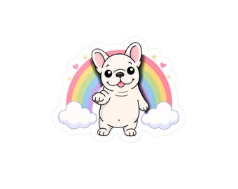 May include: A sticker featuring a cartoon French Bulldog with a rainbow and clouds. The dog is white with black accents and a pink tongue. The rainbow has pastel colors, and there are hearts and stars.