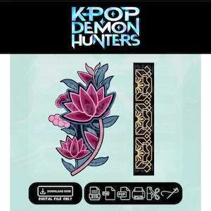 Pode incluir: Arquivo digital com um design de flor de lótus em tons de rosa, roxo e azul, e o texto "KPOP DEMON HUNTERS". Inclui ícones de tipo de arquivo para formatos SVG, PNG e PDF. Botão "Baixar agora".