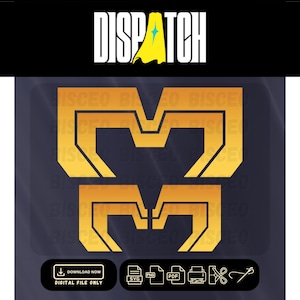 May include: A digital design featuring the word "DISPATCH" in white, with a yellow cape and star graphic. Below, two gold geometric shapes are displayed. Includes icons for SVG, PNG, PDF, print, scissors, and a download button.