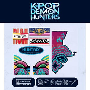 Puede incluir: Diseño de arte digital con el texto "K-POP DEMON HUNTERS" en degradado azul. La imagen incluye varios diseños de pegatinas con textos como "SLAY", "SEOUL" y "HUNTRIX", junto con elementos decorativos e iconos de tipo de archivo.
