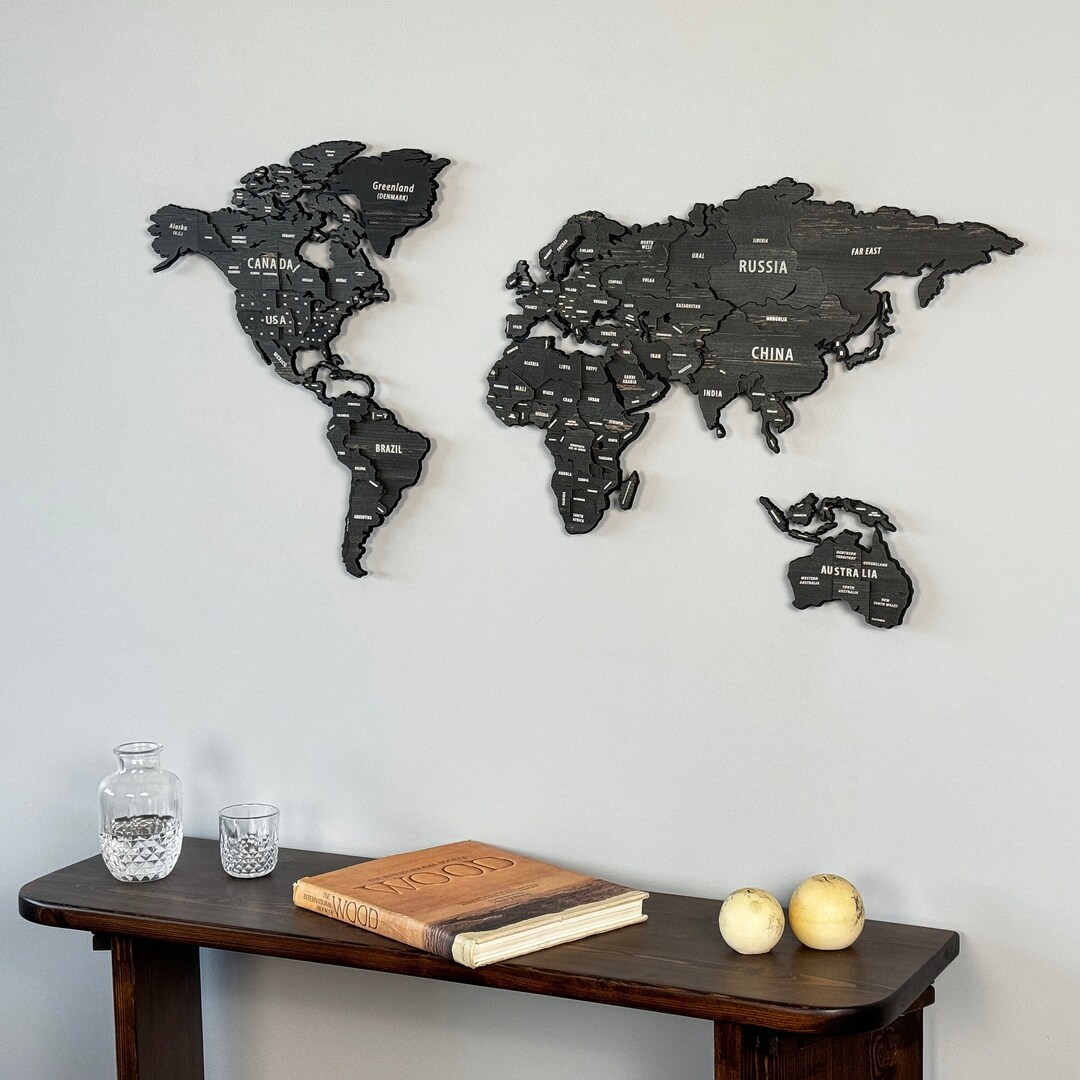 Black World Map Wall Art 3D Wooden Map With Countries Travel Souvenir