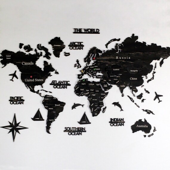 Aged Black Wooden World Map Wood Wall Map Housewarming Gift Etsy UK