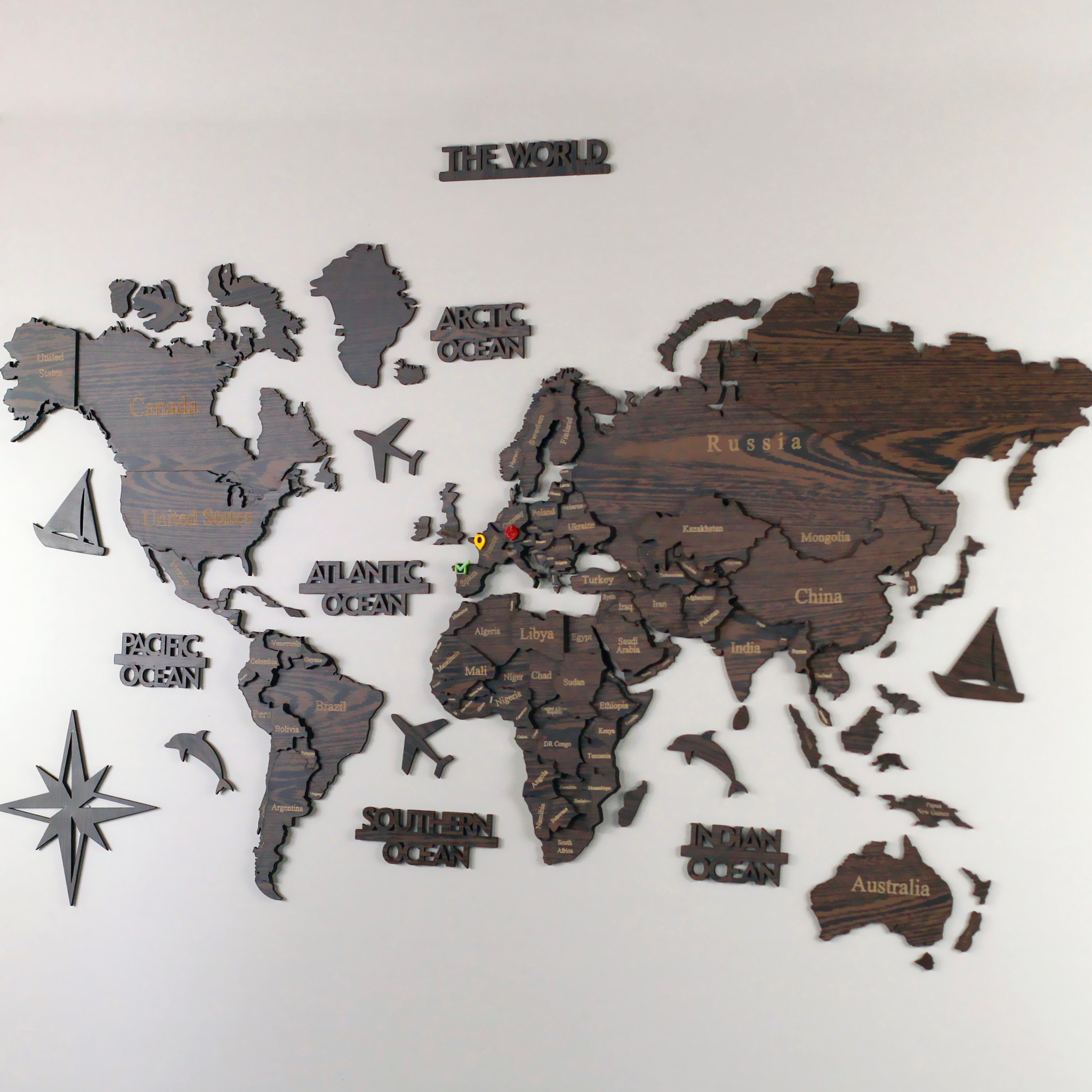Dark Brown Pin World Map Anniversary Gift Wood Wall Map | Etsy