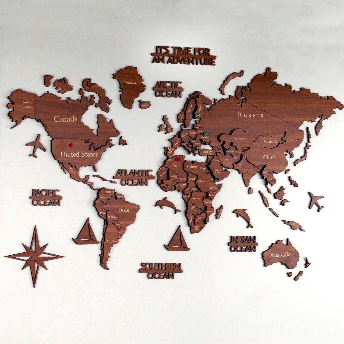 Brown Color Wood World Map Wooden Wall Map New Year Gift Etsy