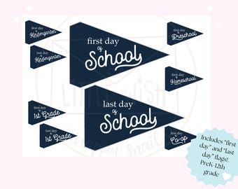 May include: A collection of dark navy blue triangular pennant flags featuring white text. The flags display phrases including first day of School, last day of School, first day of Kindergarten, last day of Kindergarten, first day of Preschool, first day of Homeschool, first day of 1st Grade, last day of 1st Grade, and first day of Co-op.