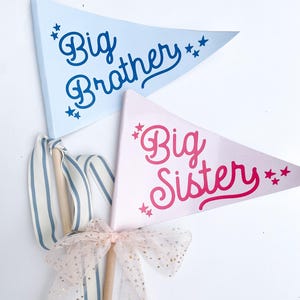 May include: Two wooden pennant flags with blue and pink ombre paint. The blue flag says "Big Brother" in blue cursive lettering with stars. The pink flag says "Big Sister" in pink cursive lettering with stars. The flags are attached to a wooden stick with a blue and white striped ribbon and a pink tulle bow with gold glitter.