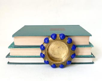 Vintage Fisher Jewel Tray. Brass and Cobalt Blue Marbles Trinket Dish.