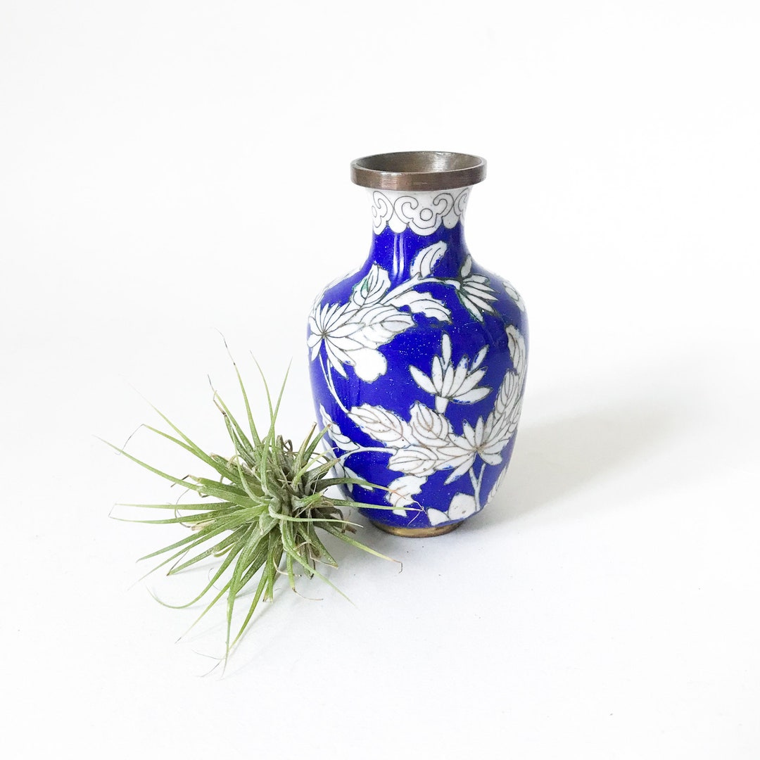 Vintage Small Chinese Cloisonne Vase. Blue Enamel With White Etsy