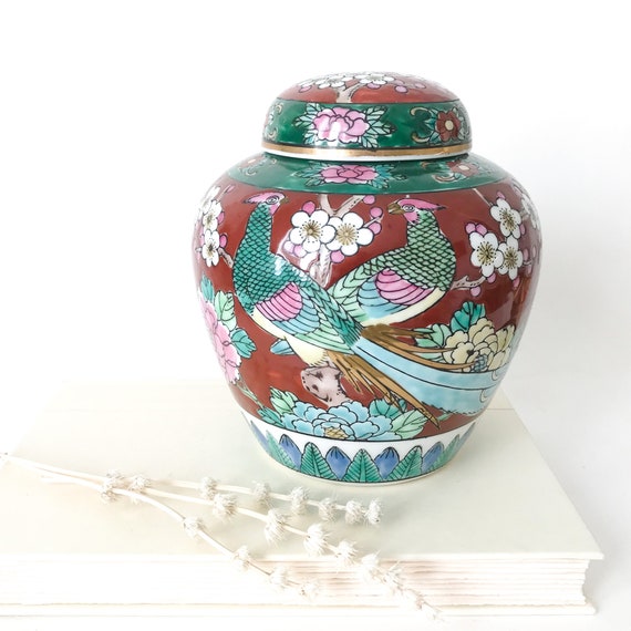 Vintage Red Ginger Jar. Vintage Floral Ginger Jar With Lid. Etsy