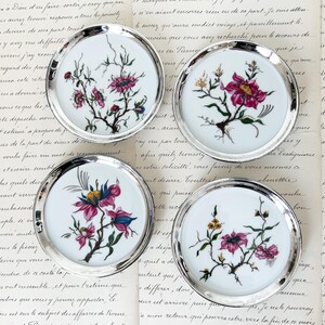Vintage Porcelain Coasters Set (4). Furstenburg Fine China Small Sauce Dishes. Floral Design Porcelain with Silver Plate Small Plates.
