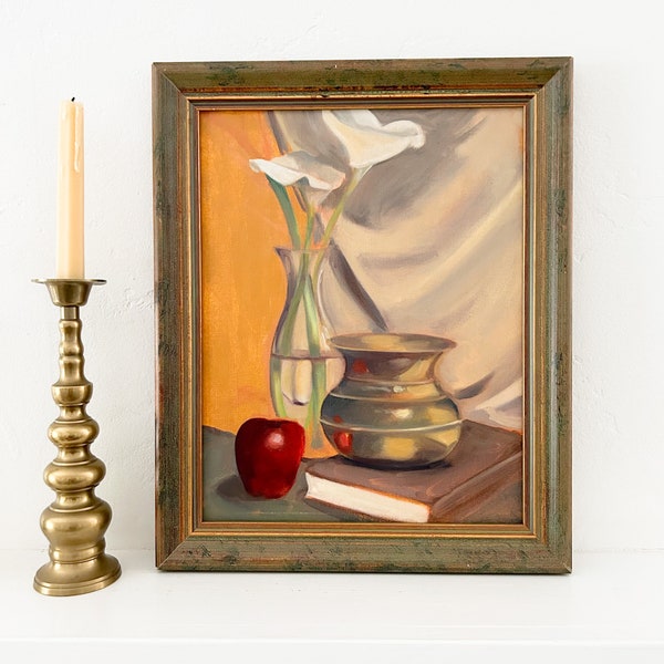 Vintage Still Life with Calla Lillies Painting. Original Artwork Fruit, Flowers, Brass Vasel. Warm Color Palette.
