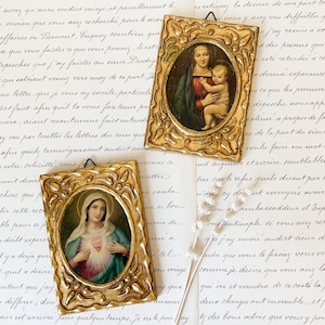 Plaque vintage de la Vierge à l'enfant à Florence : Art sacré au gesso doré