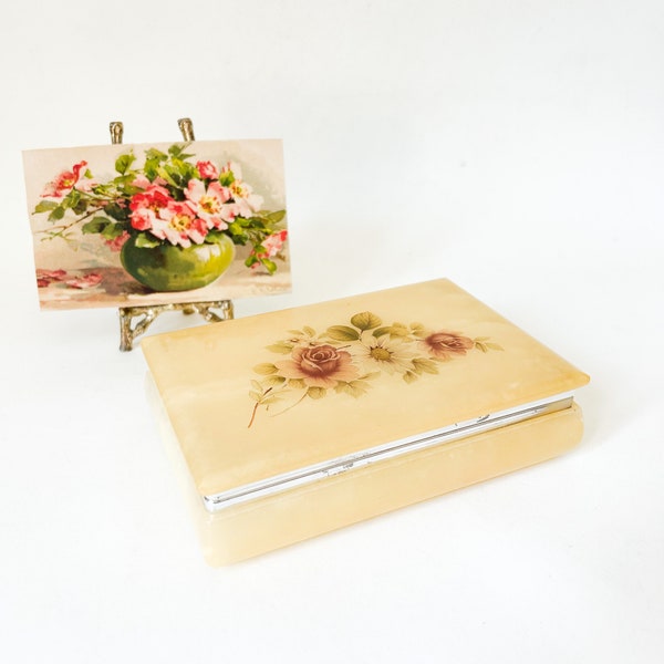 Vintage Alabaster Jewelry Box. Large Italian Alabaster Trinket Box with Decoupage Roses, Daisy.  Mother's Day Gift.